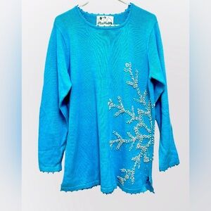 Quacker Factory Winter/ Christmas Blue with White Beaded Snowflake Sweater Sz Sm